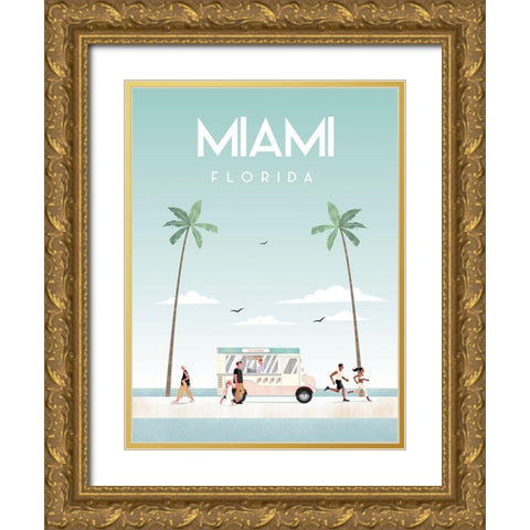 Illustrated Miami Beach I Gold Ornate Wood Framed Art Print with Double Matting by Arctic Frame