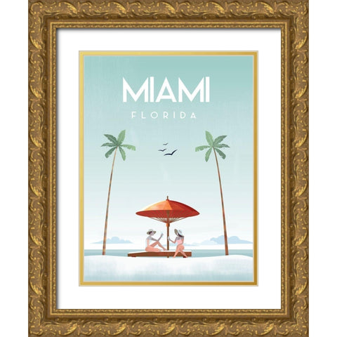 Illustrated Miami Beach II Gold Ornate Wood Framed Art Print with Double Matting by Arctic Frame