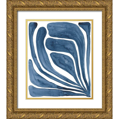 Blue Stylized Leaf I Gold Ornate Wood Framed Art Print with Double Matting by Moore, Regina