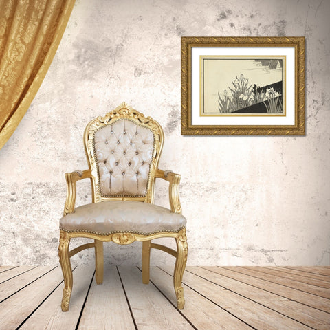 Japanese Irises A Gold Ornate Wood Framed Art Print with Double Matting by Unknown