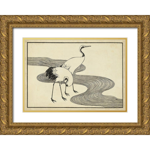 Japanese Cranes A Gold Ornate Wood Framed Art Print with Double Matting by Unknown