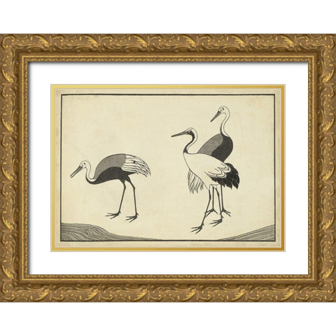 Japanese Cranes B Gold Ornate Wood Framed Art Print with Double Matting by Unknown