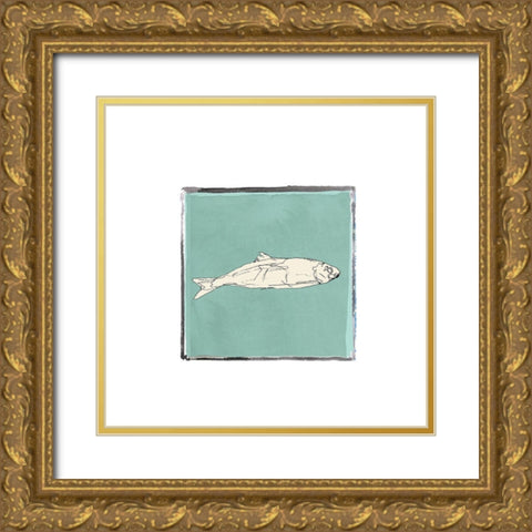 Block Print Fish II Gold Ornate Wood Framed Art Print with Double Matting by Cartissi