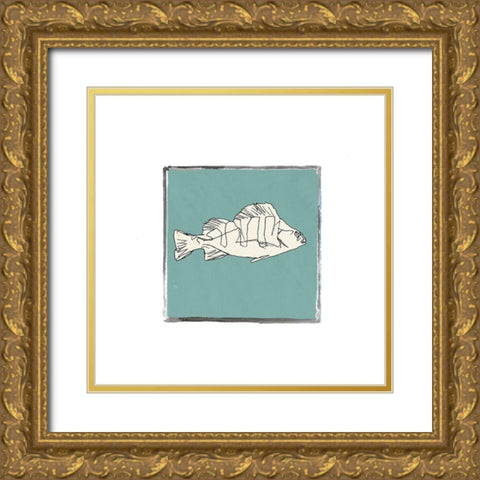 Block Print Fish III Gold Ornate Wood Framed Art Print with Double Matting by Cartissi