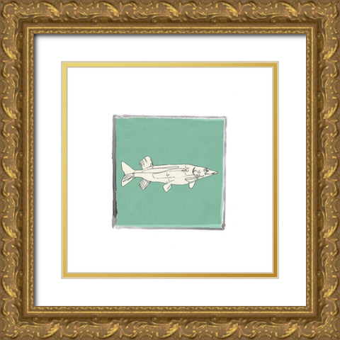 Block Print Fish IV Gold Ornate Wood Framed Art Print with Double Matting by Cartissi