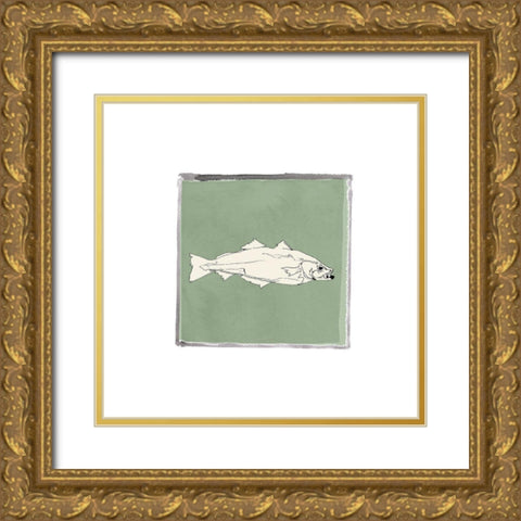 Block Print Fish VI Gold Ornate Wood Framed Art Print with Double Matting by Cartissi