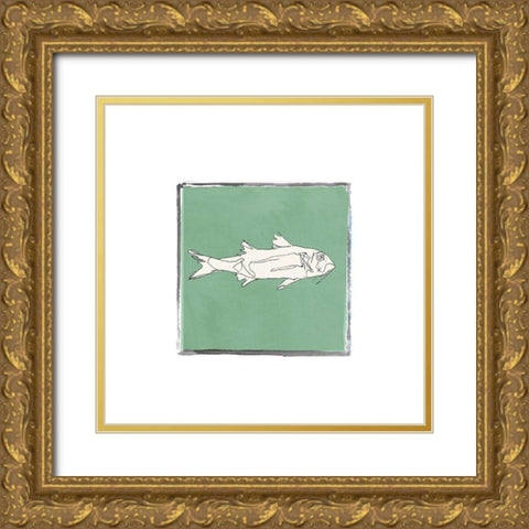 Block Print Fish VII Gold Ornate Wood Framed Art Print with Double Matting by Cartissi