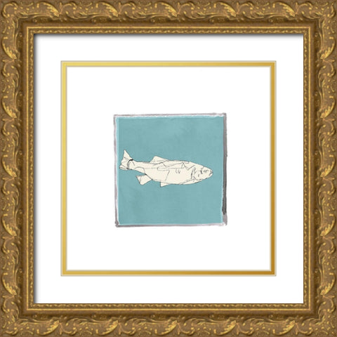 Block Print Fish VIII Gold Ornate Wood Framed Art Print with Double Matting by Cartissi