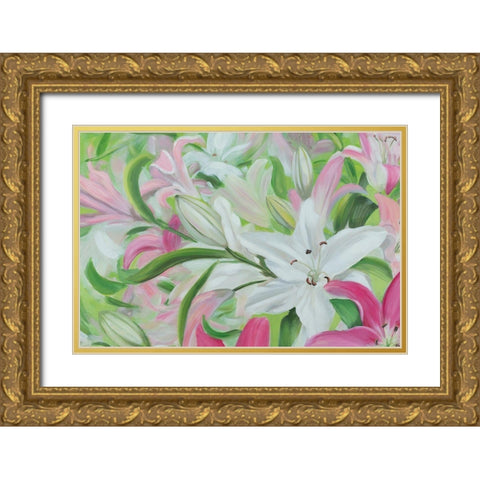 Pink and White Lilies I Gold Ornate Wood Framed Art Print with Double Matting by Iafrate, Sandra
