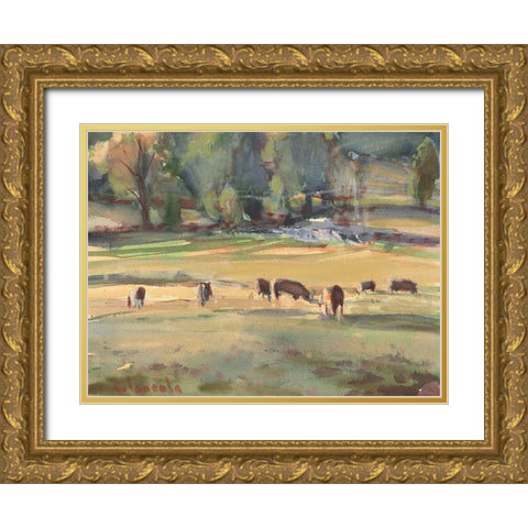 Grazing Cows Watercolor Gold Ornate Wood Framed Art Print with Double Matting by Calcasola, Stephen