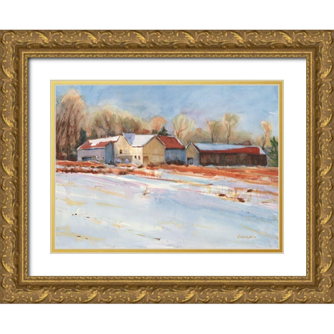Winter Farm Gold Ornate Wood Framed Art Print with Double Matting by Calcasola, Stephen