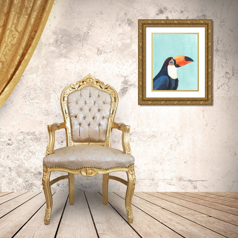 Exotic Bird on Blue II Gold Ornate Wood Framed Art Print with Double Matting by Warren, Annie