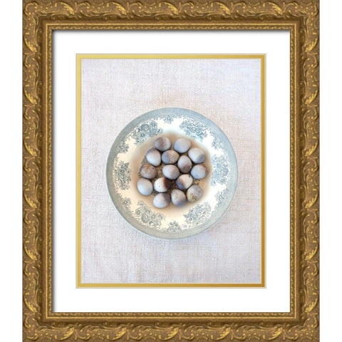 Quail Eggs on Blue Plate Gold Ornate Wood Framed Art Print with Double Matting by Soderman, Tania