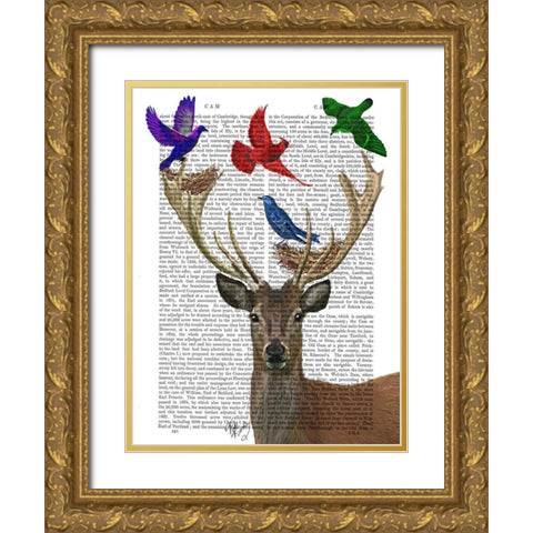 Deer and Birds Nests Gold Ornate Wood Framed Art Print with Double Matting by Fab Funky