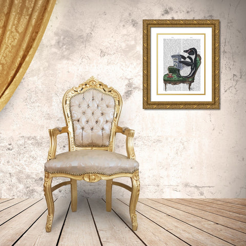Penguin Reading Newspaper Gold Ornate Wood Framed Art Print with Double Matting by Fab Funky