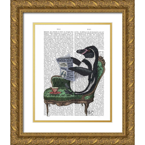 Penguin Reading Newspaper Gold Ornate Wood Framed Art Print with Double Matting by Fab Funky
