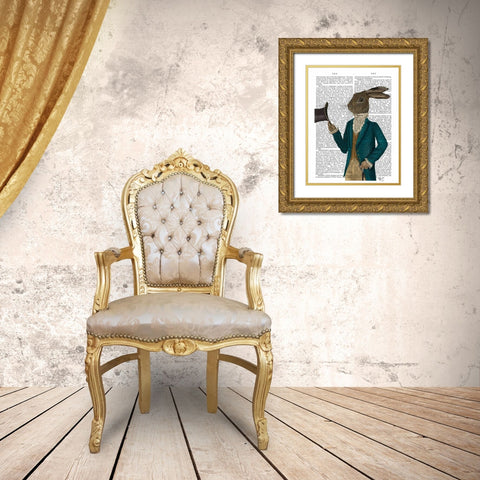 Hare In Turquoise Coat Gold Ornate Wood Framed Art Print with Double Matting by Fab Funky