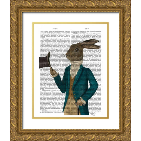 Hare In Turquoise Coat Gold Ornate Wood Framed Art Print with Double Matting by Fab Funky