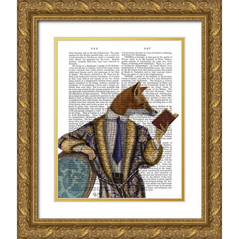 Book Reader Fox Gold Ornate Wood Framed Art Print with Double Matting by Fab Funky
