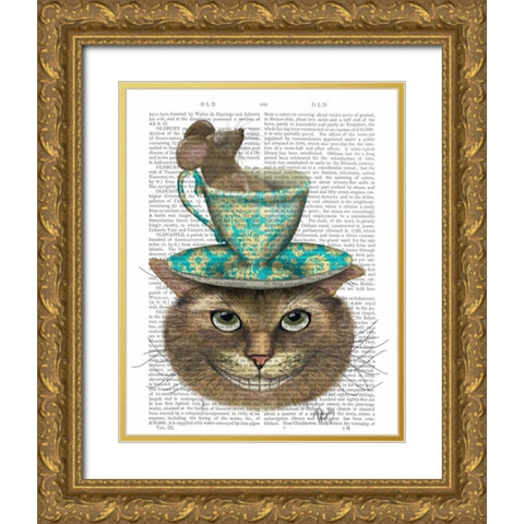 Cheshire Cat with Cup on Head Gold Ornate Wood Framed Art Print with Double Matting by Fab Funky