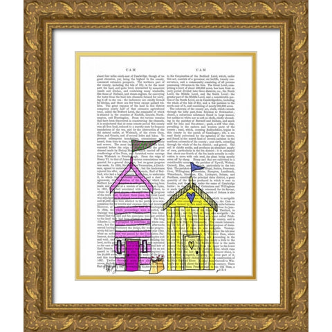 Beach Huts 3 Illustration Gold Ornate Wood Framed Art Print with Double Matting by Fab Funky