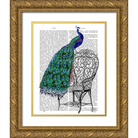 Peacock on Chair Gold Ornate Wood Framed Art Print with Double Matting by Fab Funky