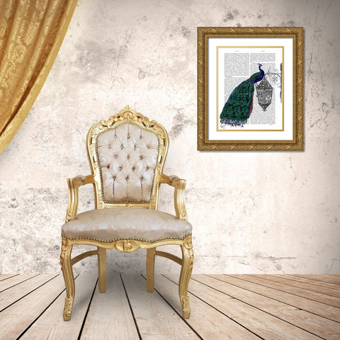 Peacock On Lamp Gold Ornate Wood Framed Art Print with Double Matting by Fab Funky