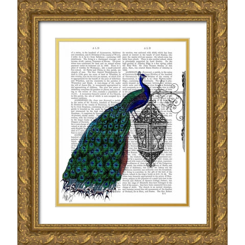 Peacock On Lamp Gold Ornate Wood Framed Art Print with Double Matting by Fab Funky