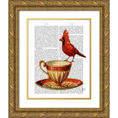 Teacup And Red Cardinal Gold Ornate Wood Framed Art Print with Double Matting by Fab Funky