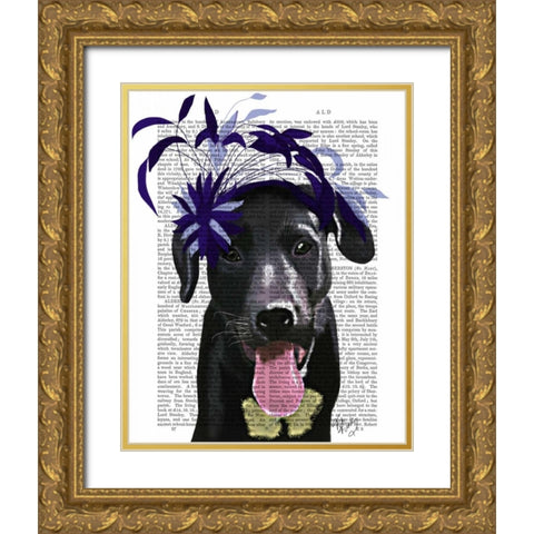 Black Labrador With Blue Fascinator Gold Ornate Wood Framed Art Print with Double Matting by Fab Funky