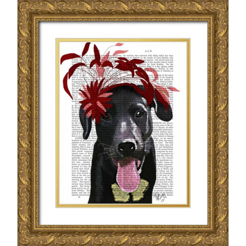 Black Labrador With Red Fascinator Gold Ornate Wood Framed Art Print with Double Matting by Fab Funky