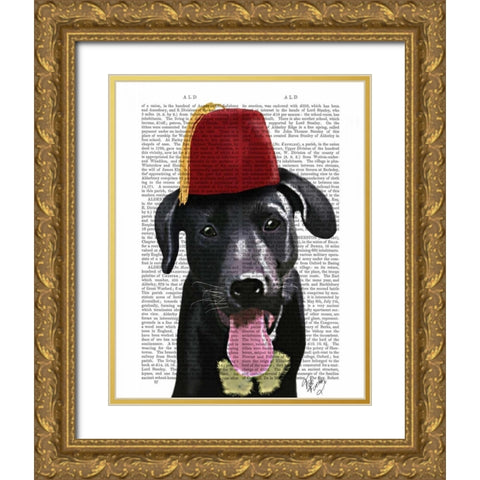 Black Labrador With Fez Gold Ornate Wood Framed Art Print with Double Matting by Fab Funky