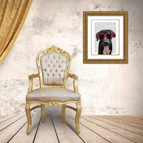 Black Labrador With Heart Sunglasses Gold Ornate Wood Framed Art Print with Double Matting by Fab Funky