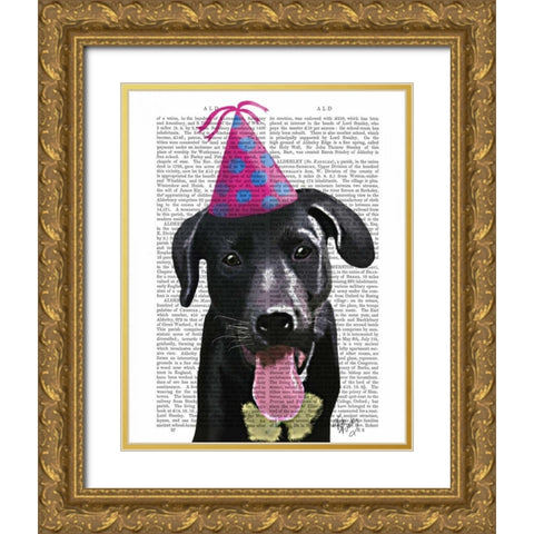 Black Labrador With Party Hat Gold Ornate Wood Framed Art Print with Double Matting by Fab Funky