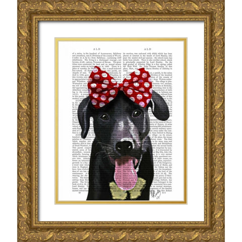 Black Labrador With Red Bow On Head Gold Ornate Wood Framed Art Print with Double Matting by Fab Funky