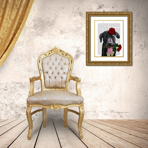 Black Labrador with Roses Gold Ornate Wood Framed Art Print with Double Matting by Fab Funky