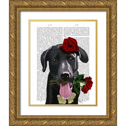 Black Labrador with Roses Gold Ornate Wood Framed Art Print with Double Matting by Fab Funky