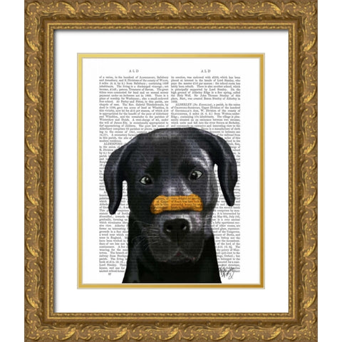 Black Labrador With Bone on Nose Gold Ornate Wood Framed Art Print with Double Matting by Fab Funky