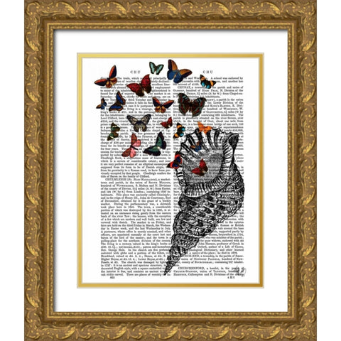 Conch Shell and Butterflies Gold Ornate Wood Framed Art Print with Double Matting by Fab Funky