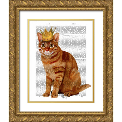 Ginger Cat with Crown Full Gold Ornate Wood Framed Art Print with Double Matting by Fab Funky