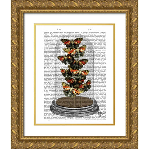 Multicoloured Butterflies in Bell Jar Gold Ornate Wood Framed Art Print with Double Matting by Fab Funky