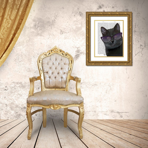 Black Cat with Sunglasses Gold Ornate Wood Framed Art Print with Double Matting by Fab Funky