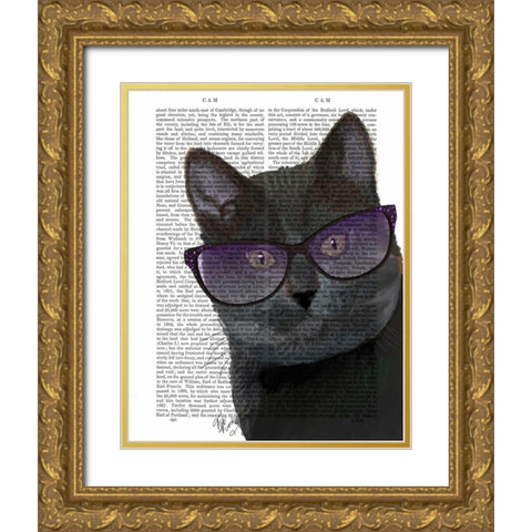 Black Cat with Sunglasses Gold Ornate Wood Framed Art Print with Double Matting by Fab Funky