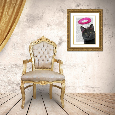 Black Cat With Pink Angel Halo Gold Ornate Wood Framed Art Print with Double Matting by Fab Funky