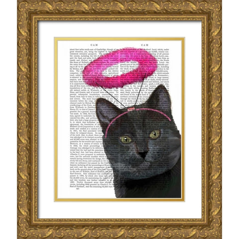 Black Cat With Pink Angel Halo Gold Ornate Wood Framed Art Print with Double Matting by Fab Funky
