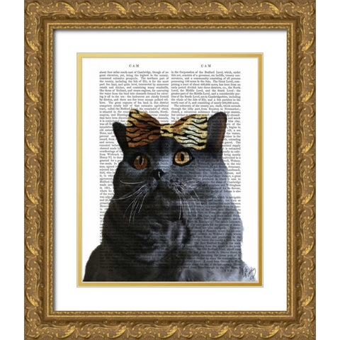 Grey Cat with Leopard Bow Gold Ornate Wood Framed Art Print with Double Matting by Fab Funky