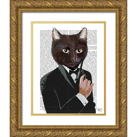 James Bond Cat Gold Ornate Wood Framed Art Print with Double Matting by Fab Funky