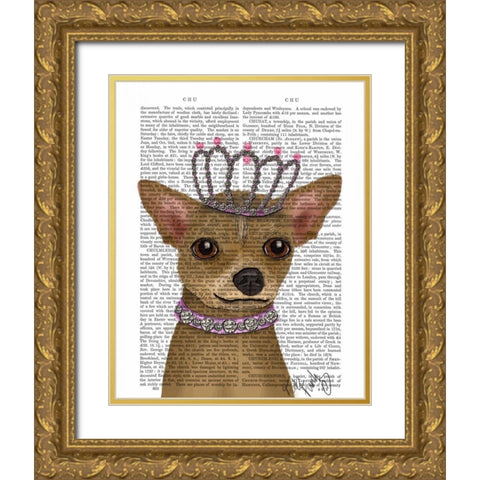 Chihuahua And Tiara Gold Ornate Wood Framed Art Print with Double Matting by Fab Funky
