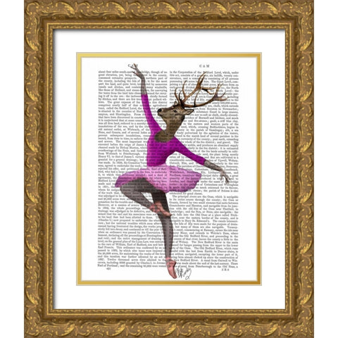 Ballet Deer in Pink Gold Ornate Wood Framed Art Print with Double Matting by Fab Funky
