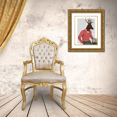 Deer At The Bar Gold Ornate Wood Framed Art Print with Double Matting by Fab Funky